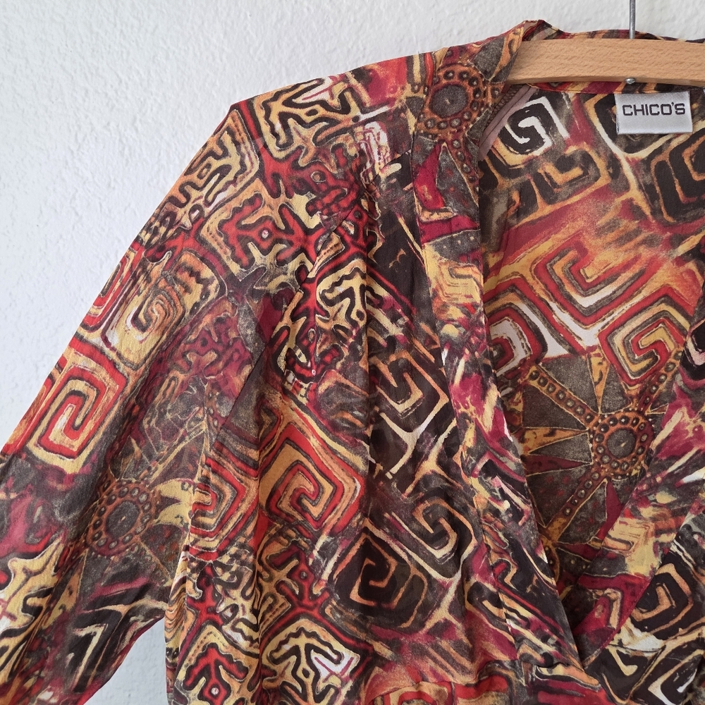 Chicos Silk Sheer Blouse Plus Size2 Sheer V-Neck Abstract Long Sleeve Top - Picture 9 of 14